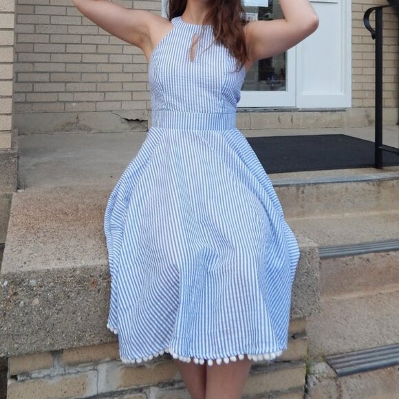 Blue & White Stripe Seersucker Flare Dress Unique Vintage - Picture 3 of 4